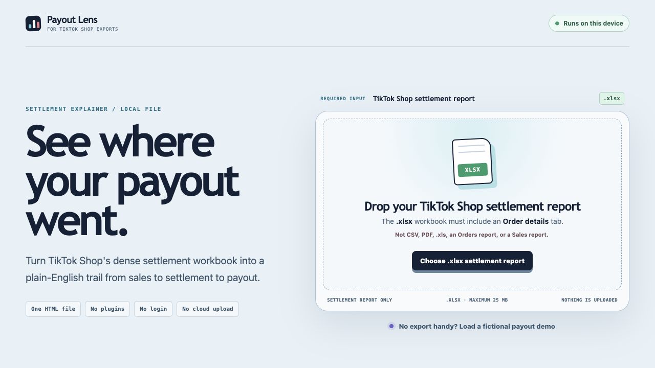 Payout Lens opening screen with the exact TikTok Shop settlement workbook requirement