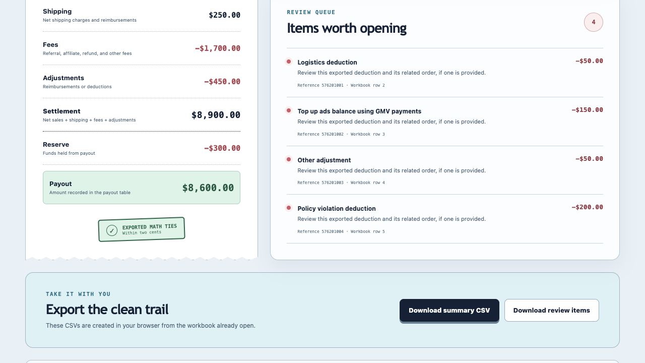 Payout Lens review queue and clean CSV download controls